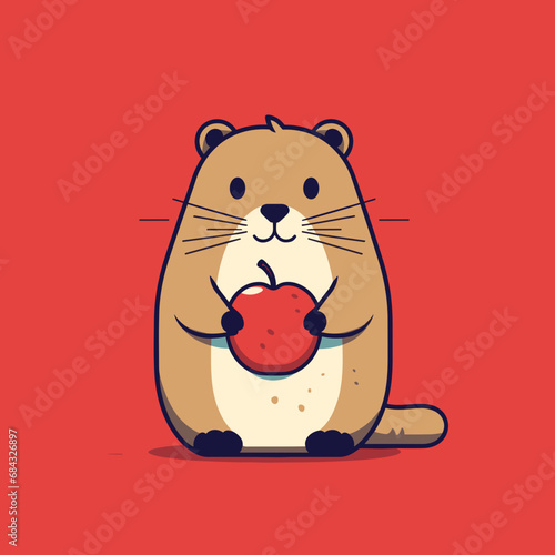 Groundhog with red apple isolated on red background, vector 