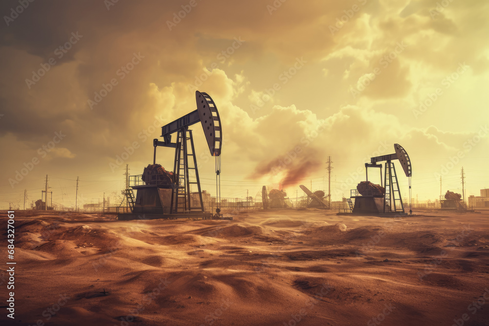 Oil pump on the sunset background. Oil industry equipment.