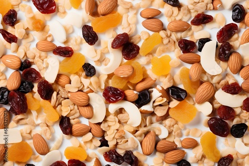 A mixture of nuts, muesli, nutritious food. Background with the texture of a mixture of nuts.