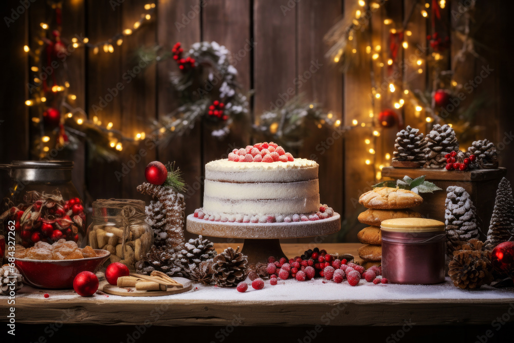 Holiday cake with white frosting and sugared cranberries on wooden table with festive decorations and Christmas lights. Handmade bakery concept