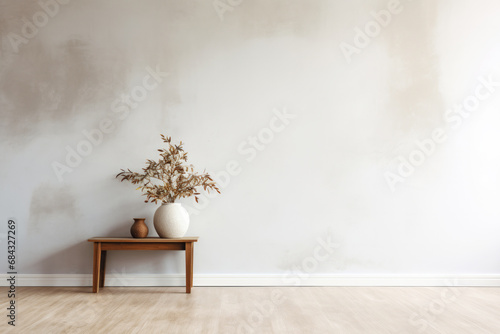 Home interior mock up of living room with wooden table and clay vase on light empty wall minimal banner. Scandinavian living design photo