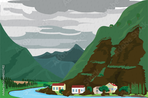 A landslide occurs with the rain in the small village built on the slope of the mountain.