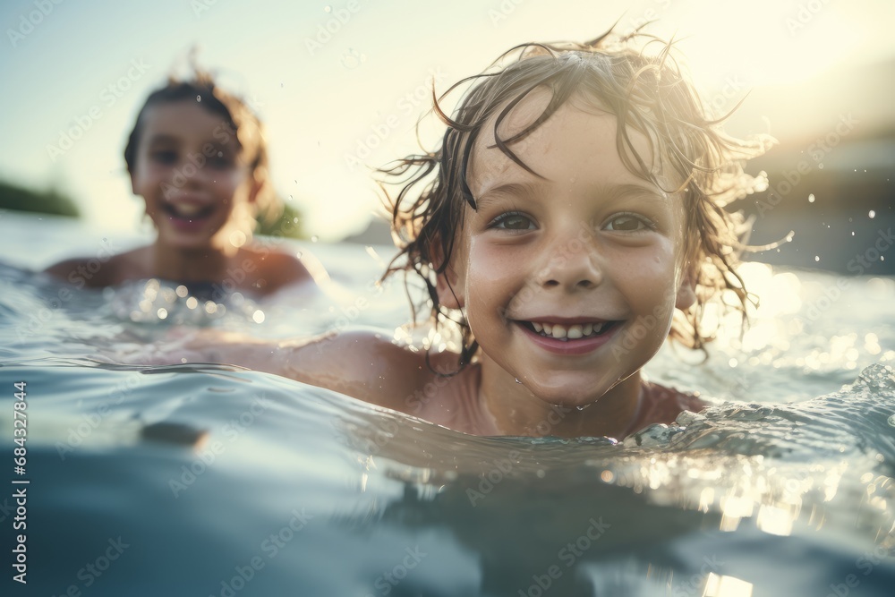 Children swim in the river. They are laughing