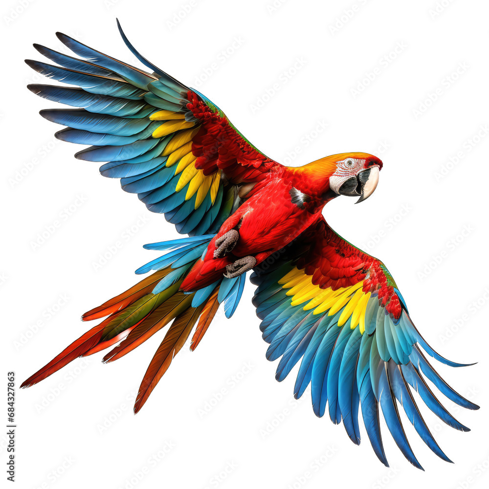 Flying Macaw Parrot. Isolated on a Transparent Background. Cutout PNG.