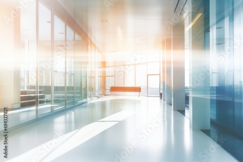 A defocused view of a prestigious hospital hallway, emphasizing the healthcare concept.
