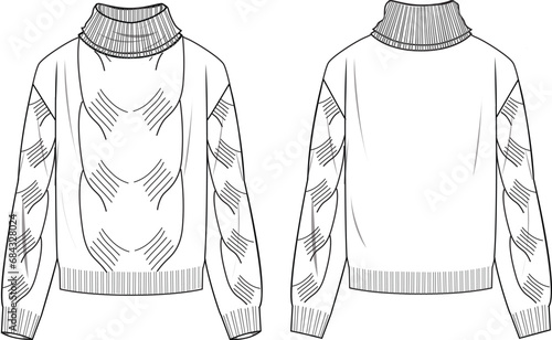 Women's Roll-Neck Cable Jumper. Technical fashion illustration. Front and back, white color. Women's CAD mock-up.