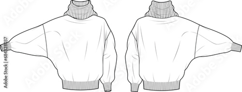 Women's High Neck, Drop Shoulder Jumper. Technical fashion illustration. Front and back, white color. Women's CAD mock-up.