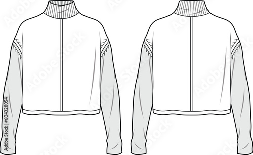 Women's High Neck, Drop Shoulder Jumper. Technical fashion illustration. Front and back, white color. Women's CAD mock-up.