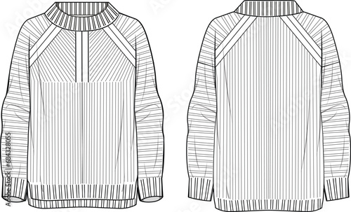 Women's Mock Neck, High Low, and Stitch Step Jumper. Technical fashion illustration. Front and back, white color. Unisex CAD mock-up.