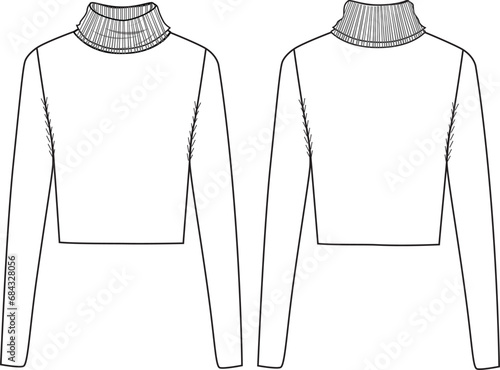 Women's Basic, High Neck, Crop Rib-Knit Top. Technical fashion illustration. Front and back, white color. Women's CAD mock-up.