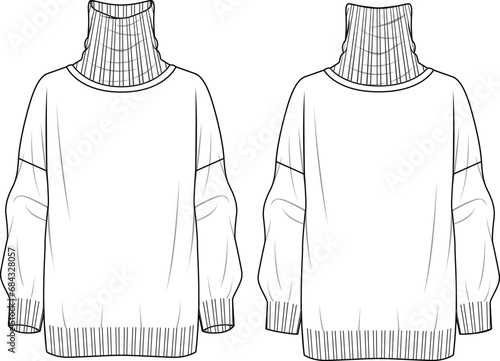 Women's High Neck, Drop Shoulder Jumper. Technical fashion illustration. Front and back, white color. Women's CAD mock-up.