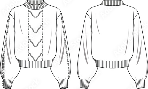 Women's Hole Detail Jumper. Technical fashion illustration. Front and back, white color. Women's CAD mock-up.