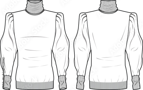 Women's High Neck, Puff Sleeve Jumper. Technical fashion illustration. Front and back, white color. Women's CAD mock-up.