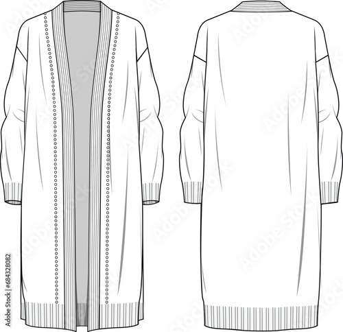 Women's Hole Detail Long Line Cardigan. Technical fashion illustration. Front and back, white color. Women's CAD mock-up.