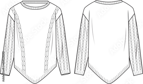 Women's Honeycomb Sleeve, Dippy Hem Jumper. Technical fashion illustration. Front and back, black and white color. Women's CAD mock-up.