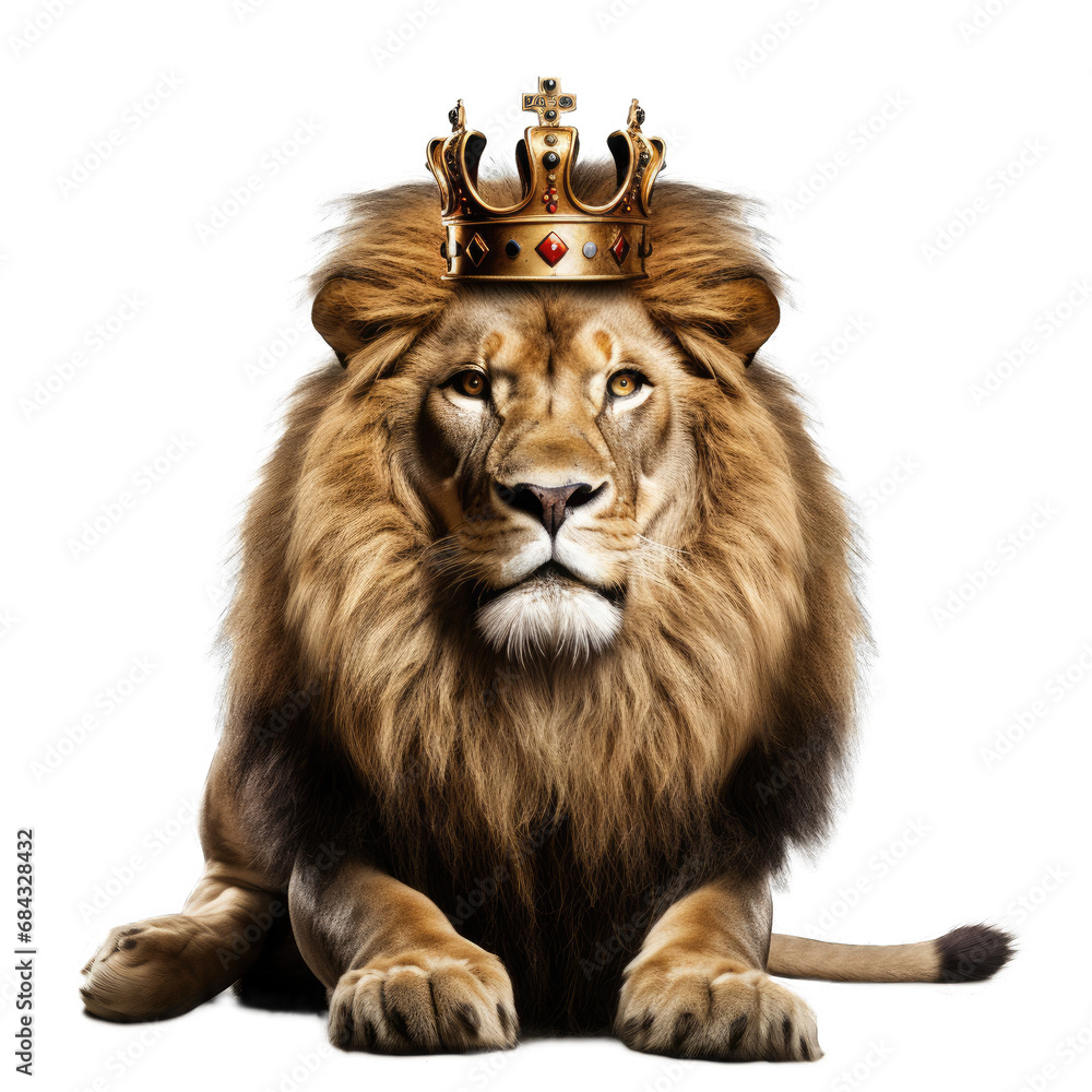 Majestic Lion With Crown. Isolated on a Transparent Background. Cutout PNG.