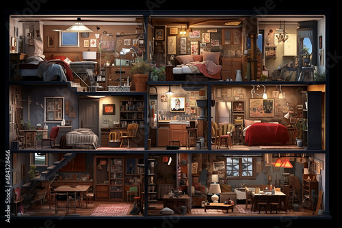 A doll house, isometric house, interior design