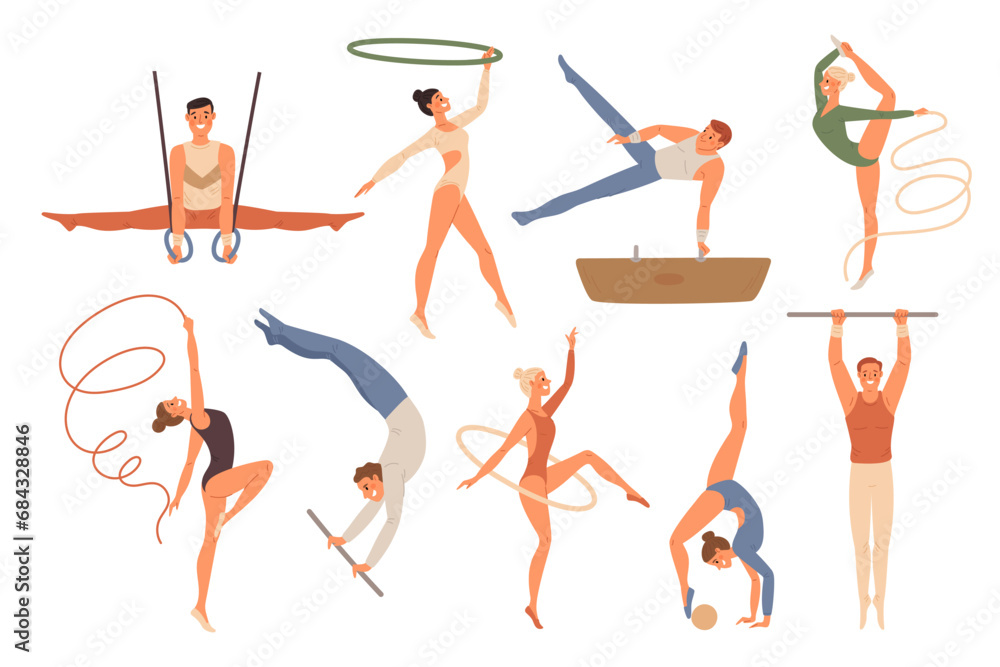 Athletic gymnastics. Acrobatic characters. Different sport types. Male and female athletes. Sportsman at bars. Women with hoops and ribbons. Artistic and rhythmic. Garish vector set - obrazy, fototapety, plakaty 