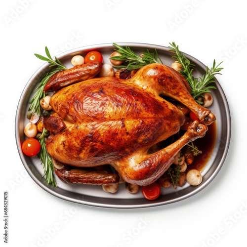 Traditional Roast Turkey Platter Christmas or New Year Dish Top View Isolated on White Background 