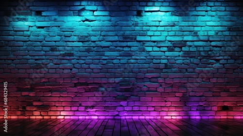 Illuminated brick wall with neon lights. glowing lights on empty brick wall background. Dark brick wall with neon lights with copy space. Neon. Copy Space. Blue  pink and purple colors.