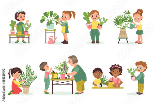 Kids care home plants. Cute children and grandma watering houseplants. People planting and loosening flowers in pots. Indoor succulents. Gardeners growing monstera. Splendid vector set