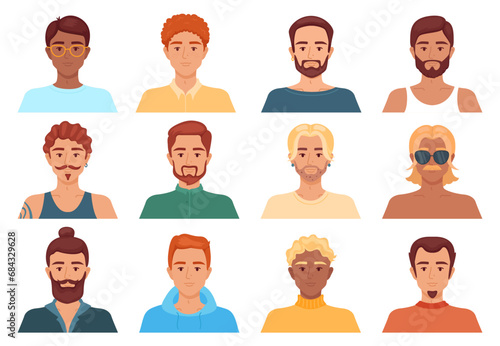 Male avatars with different hairstyles. Men portraits. Short and long haircuts. Human head. Blondes, brown haired and brunettes. Barbershop models. Beards and mustaches. Recent vector set photo