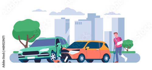 Man was injured in traffic accident. Transport collision. Damaged cars. Disabled victim with crutches and plaster leg. Pedestrian hitting. Vehicles smash. Road disaster. Vector concept