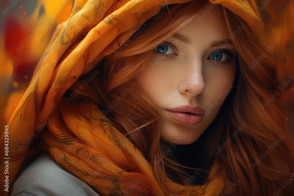A woman with vibrant red hair is pictured wearing a stylish scarf. This versatile image can be used to portray fashion, winter accessories, beauty, or personal style. A woman with vibrant red hair is pictured wearing a stylish scarf. This versatile image can be used to portray fashion, winter accessories, beauty, or personal style.