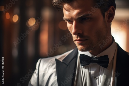 A picture of a well-dressed man wearing a suit and bow tie. Suitable for formal events and business-related themes.