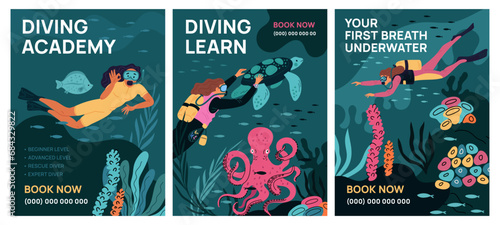 Scuba diving class cards. Advertising banners design. Underwater swimming training. People exploring seabed and admiring corals. Divers course booking. Octopus and turtle Garish vector set photo
