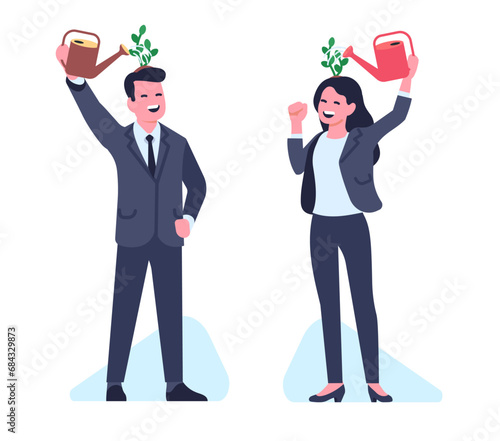 Self improvement. Happy man and woman using watering can to water sapling growing on their head. Professional career and talent progress. Business people development. Vector concept