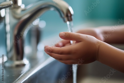 Detail of a child's hands washing his hands with fresh water at a kitchen faucet.