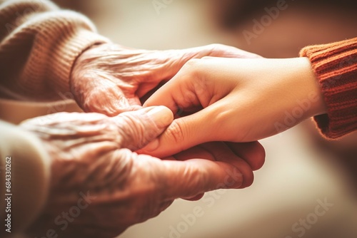 Detail, the hands of an old man lovingly hold those of his little granddaughter. photo
