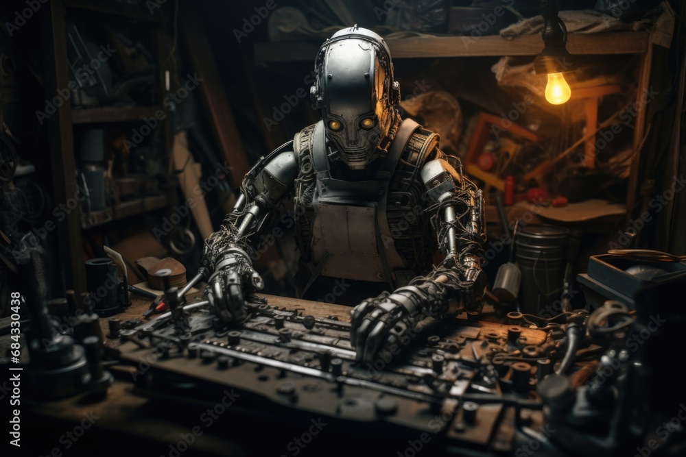 Naklejka premium A robot is seen sitting at a desk, with a keyboard in front of it. This image can be used to represent technology, artificial intelligence, or a futuristic workspace.