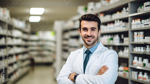 Pharmacist in a bright light white pharmacy