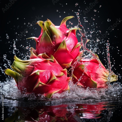 dragon fruit for splashing water, isolated on a black background, generative ai 