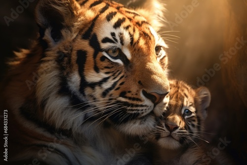 A mother tiger and her cub basking in the sunlight. This image can be used to depict the bond between a mother and child or to represent the beauty and power of nature.