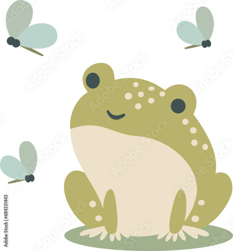 Flat vector children's illustration. Cute frog and dragonflies. Vector illustration