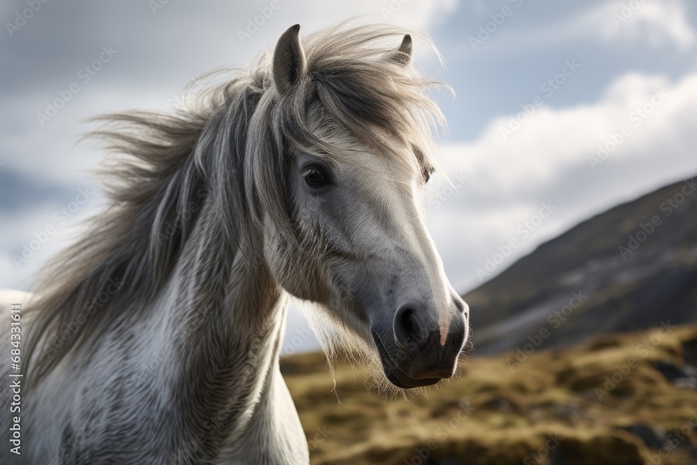 A close-up photograph of a horse with a majestic mountain in the background. This image can be used to depict the beauty of nature and the harmony between animals and their environment. A close-up photograph of a horse with a majestic mountain in the background. This image can be used to depict the beauty of nature and the harmony between animals and their environment.
