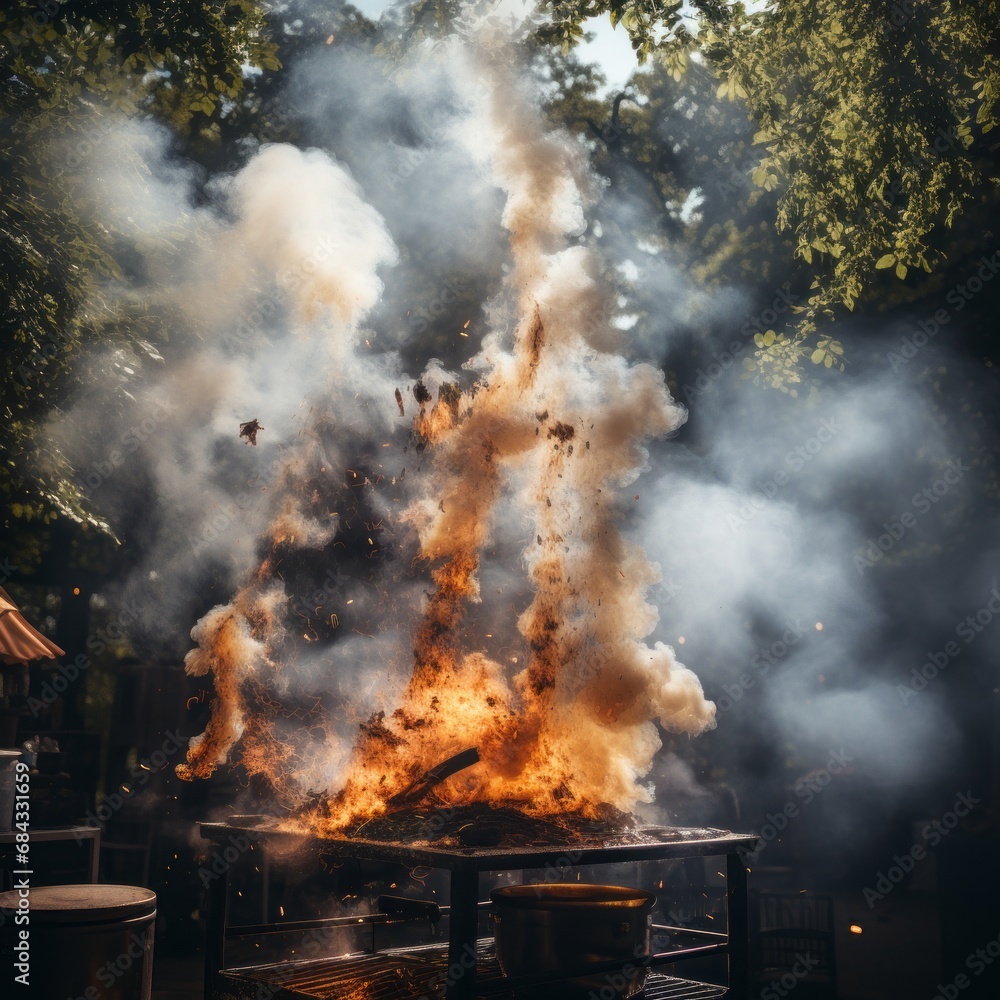 an exploding barbecue with smoke and fire, generative ai 