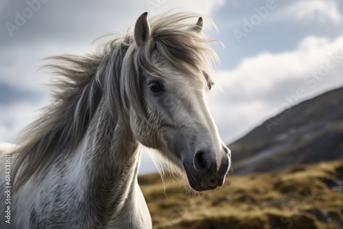 A close-up photograph of a horse with a majestic mountain in the background. This image can be used to depict the beauty of nature and the harmony between animals and their environment.