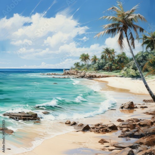 watercolor image of beach with palm trees in a warm island, generative ai  © wayne