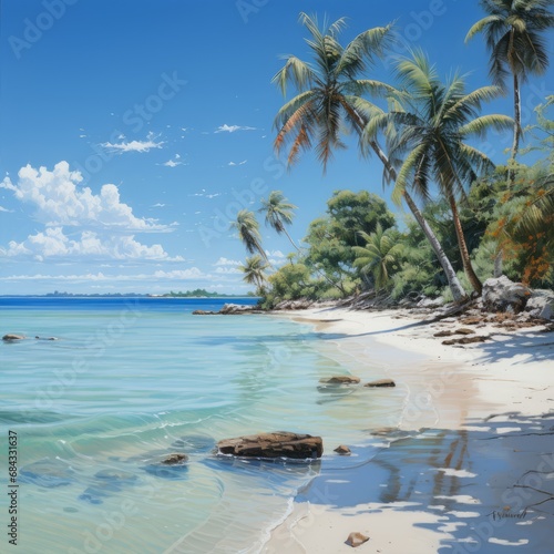 tropical beach with palm trees and coconut tree  clear blue sea  generative ai