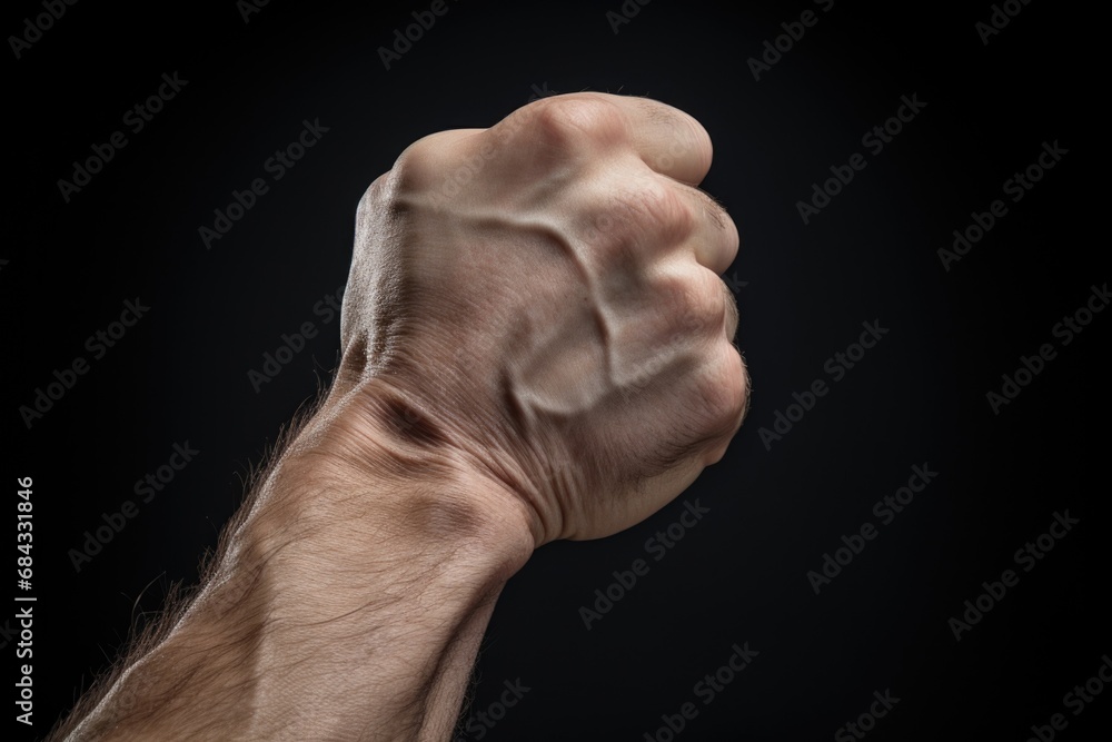A close-up photograph of a person's fist against a black background. This powerful image captures strength and determination. Perfect for conveying concepts of power, resistance, and determination.