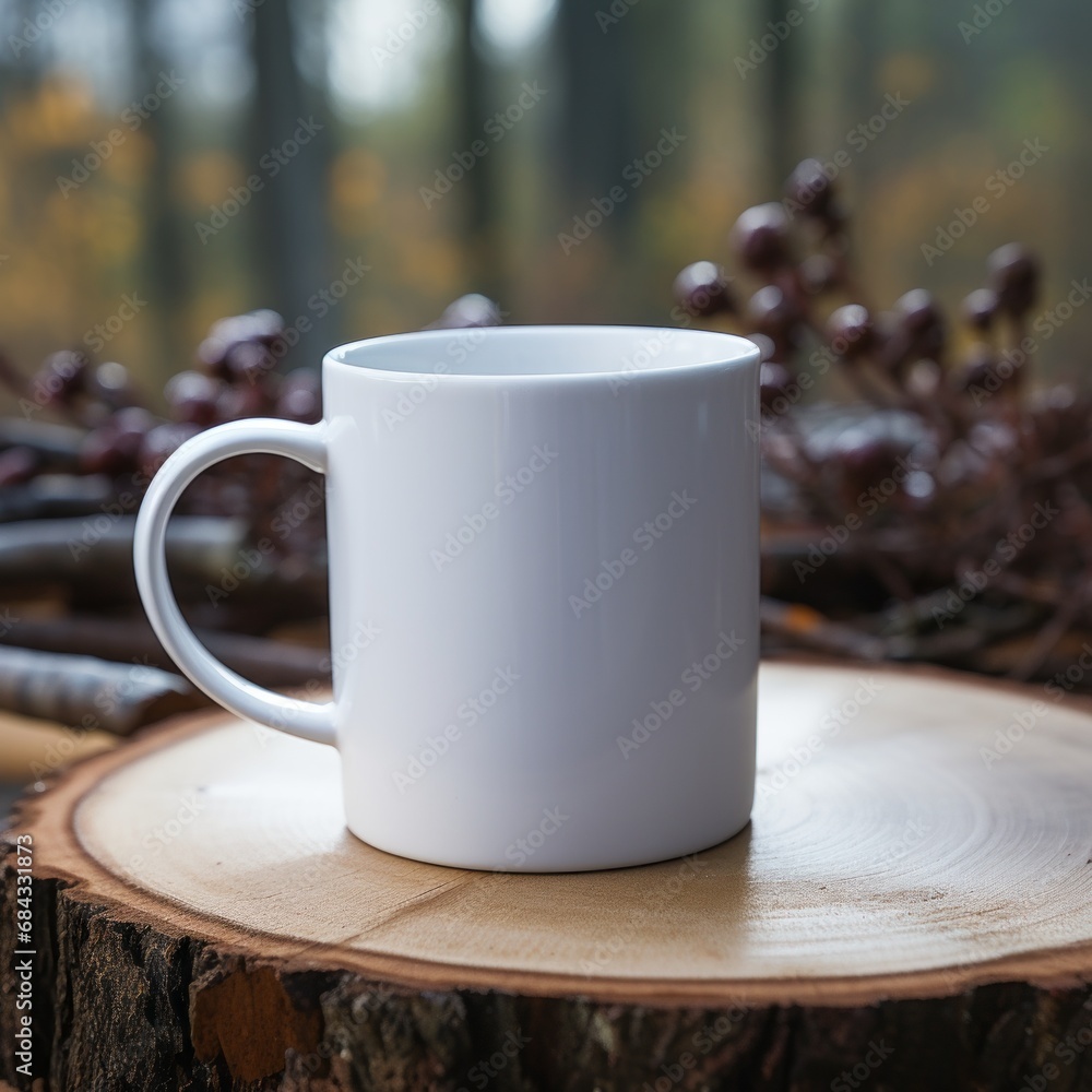 blank white cup of coffee resting in nature, resting on the  sawn-off tree stump, generative ai  - obrazy, fototapety, plakaty 