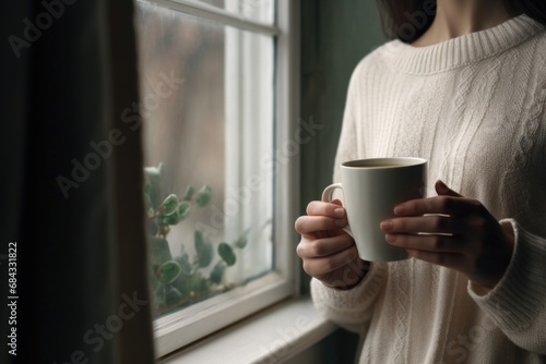 A woman holding a coffee cup while standing in front of a window. This picture can be used to depict relaxation, morning routine, or enjoying a hot beverage.
