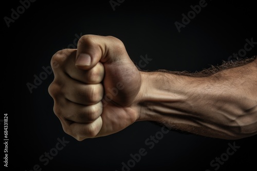 A close-up view of a person's fist against a black background. 