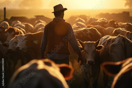 A man stands confidently in front of a large herd of cows. This image can be used to represent leadership, confidence, or the relationship between humans and animals. photo