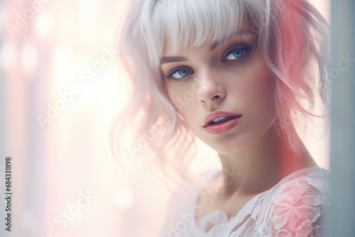 A woman with vibrant pink hair and striking blue eyes. This image can be used to represent uniqueness, individuality, and creativity. Perfect for fashion, beauty, and lifestyle-related projects.