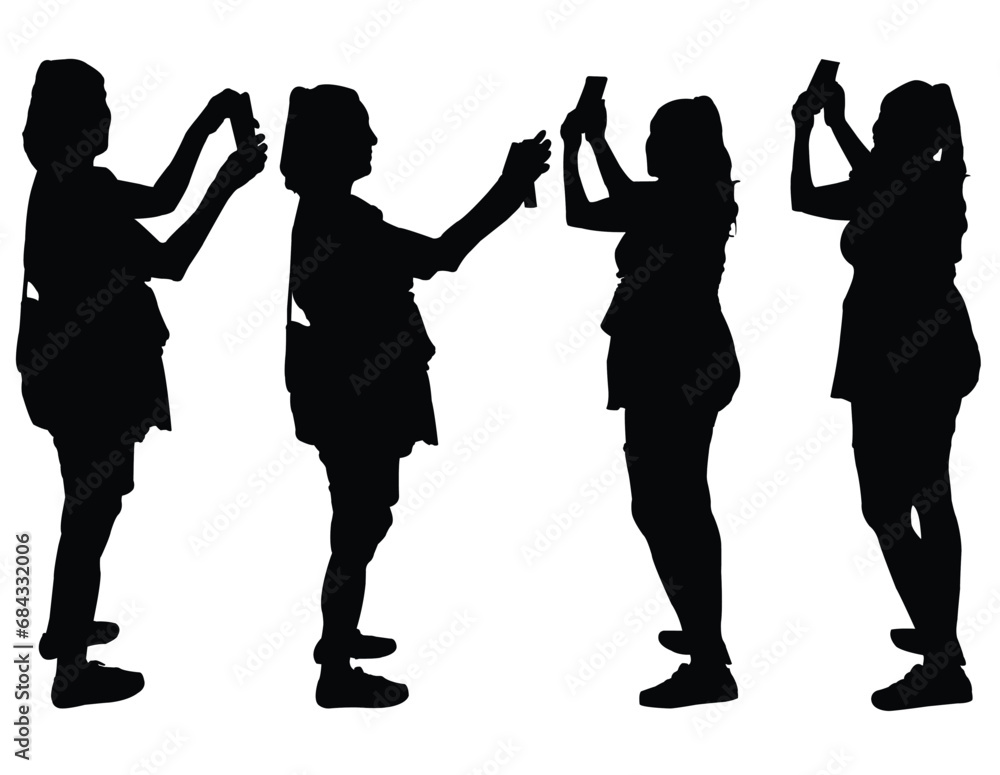 Four silhouettes of woman holding a mobile phone in her hands
